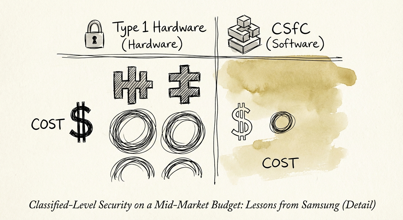 Comparison chart showing Type 1 Hardware encryption costs vs. Commercial Solutions for Classified (CSfC) layered software approach.