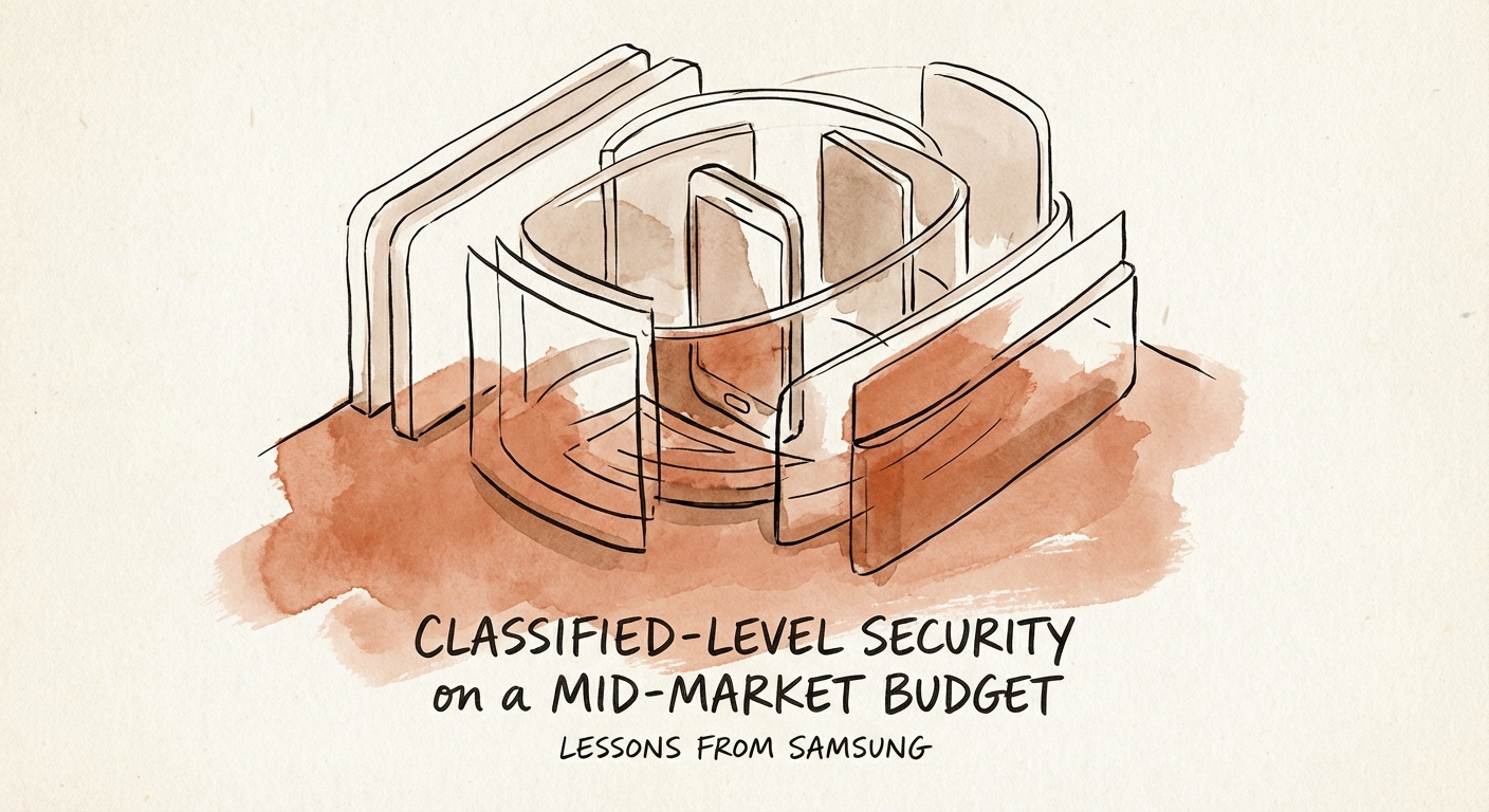 Abstract visualization of layered security architecture protecting a mobile device against a dark digital background.