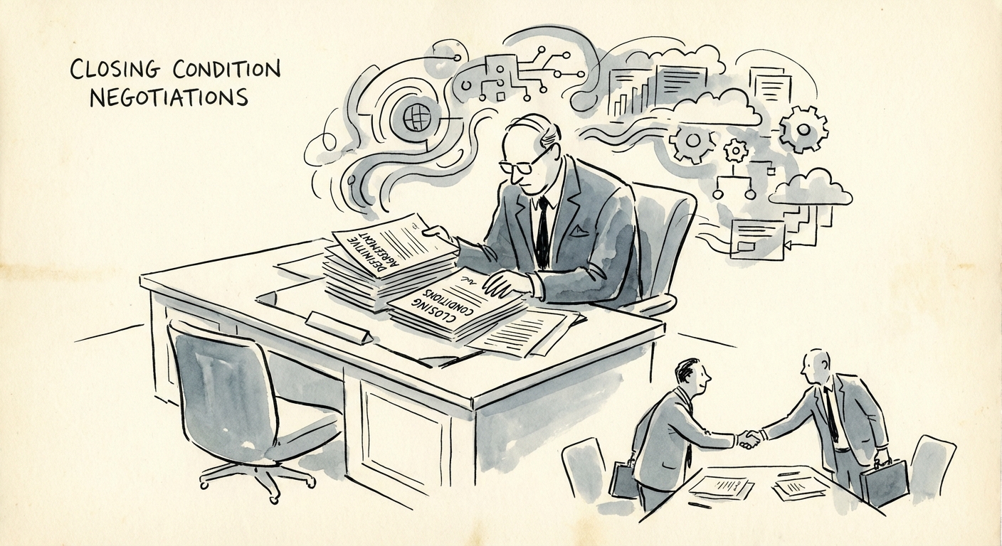 Executive reviewing closing conditions in a definitive agreement for a technology transaction