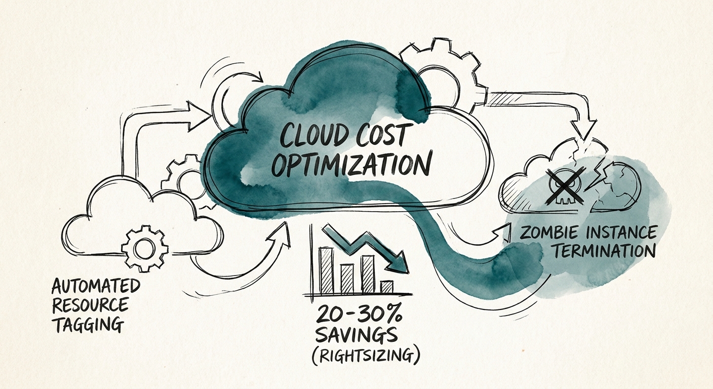 Cloud FinOps architectural diagram illustrating automated resource tagging and zombie instance termination.