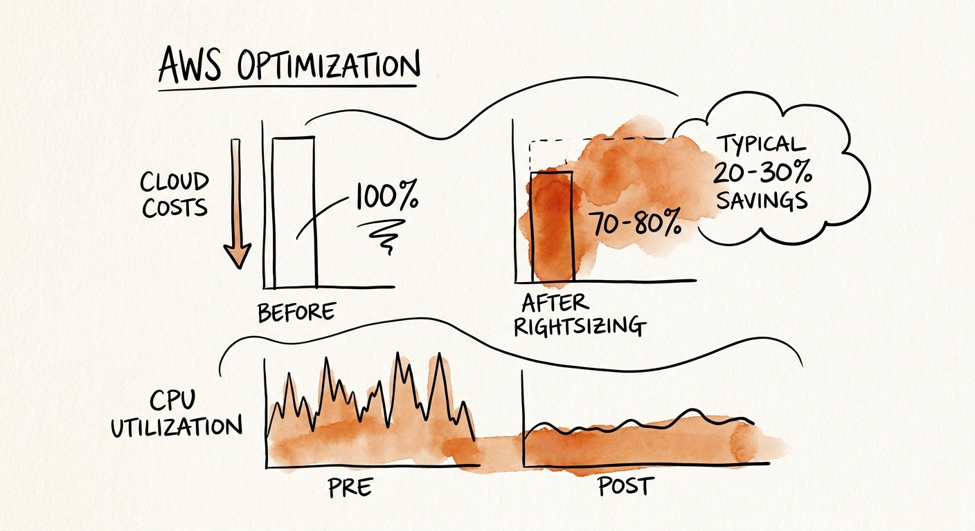 A dashboard displaying AWS cost reduction metrics and CPU utilization graphs before and after rightsizing.