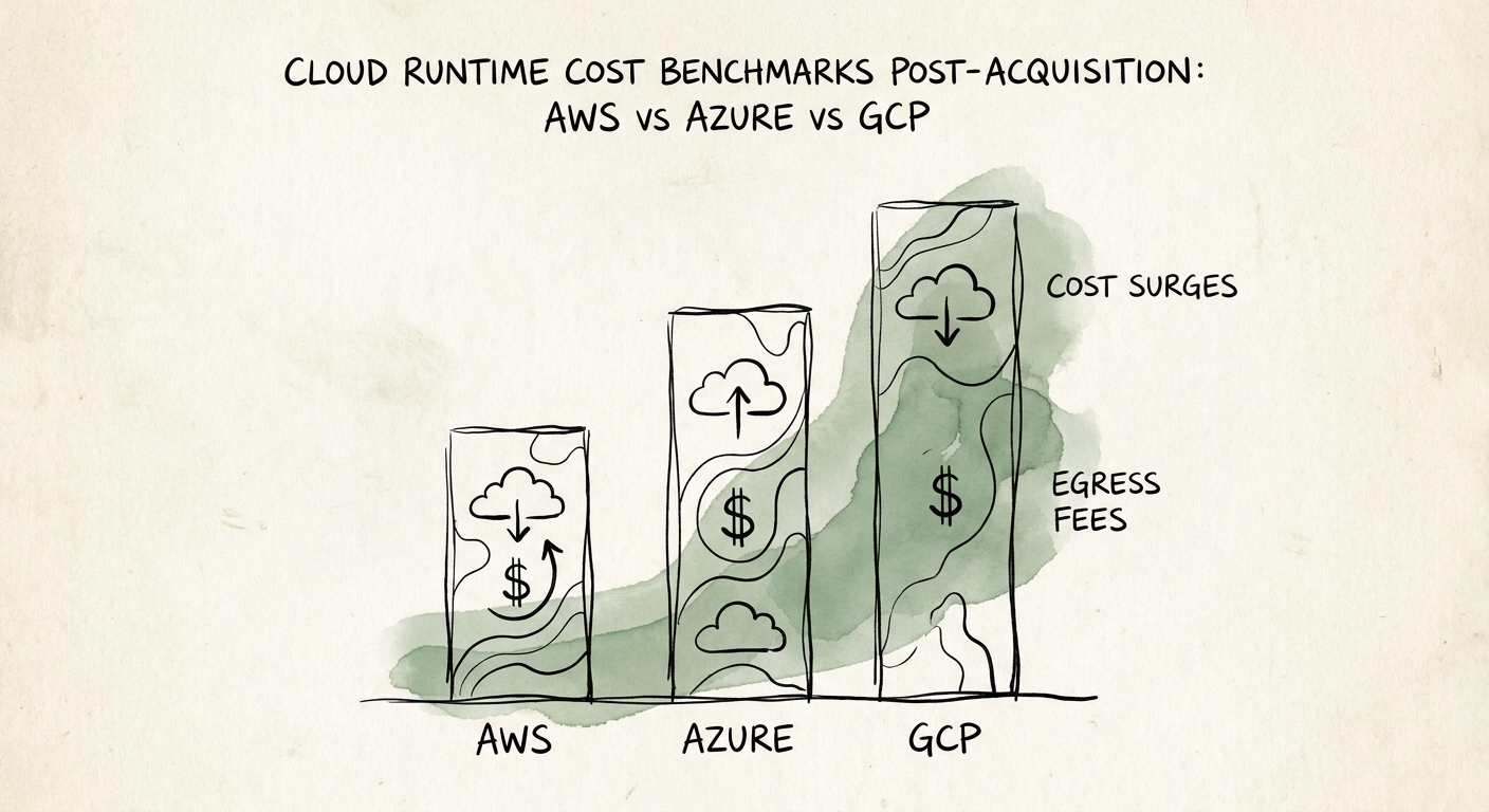 Bar chart comparing AWS, Azure, and GCP egress fees and post-acquisition cloud cost surges