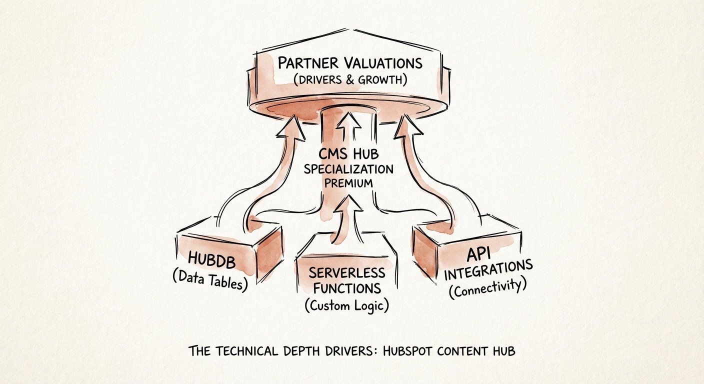 Diagram illustrating the technical depth of HubSpot Content Hub: HubDB, Serverless Functions, and API Integrations as valuation drivers.