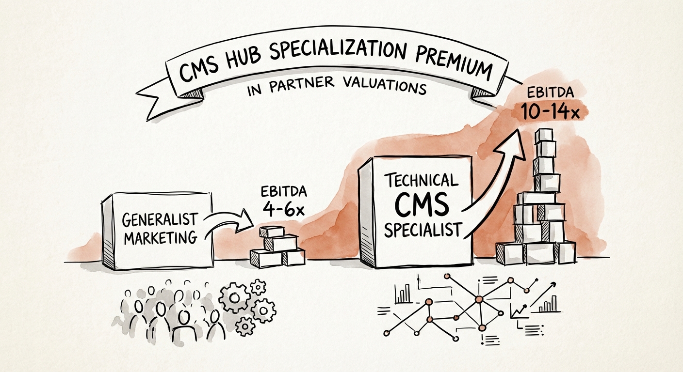 A comparison chart showing EBITDA valuation multiples for Generalist Marketing Agencies (4-6x) versus Technical Content Hub Specialists (10-14x).