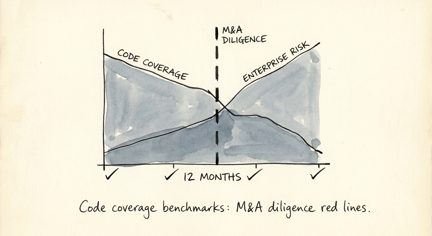 A line graph charting code coverage trends over a 12-month period, demonstrating the correlation between declining test coverage and rising enterprise risk.