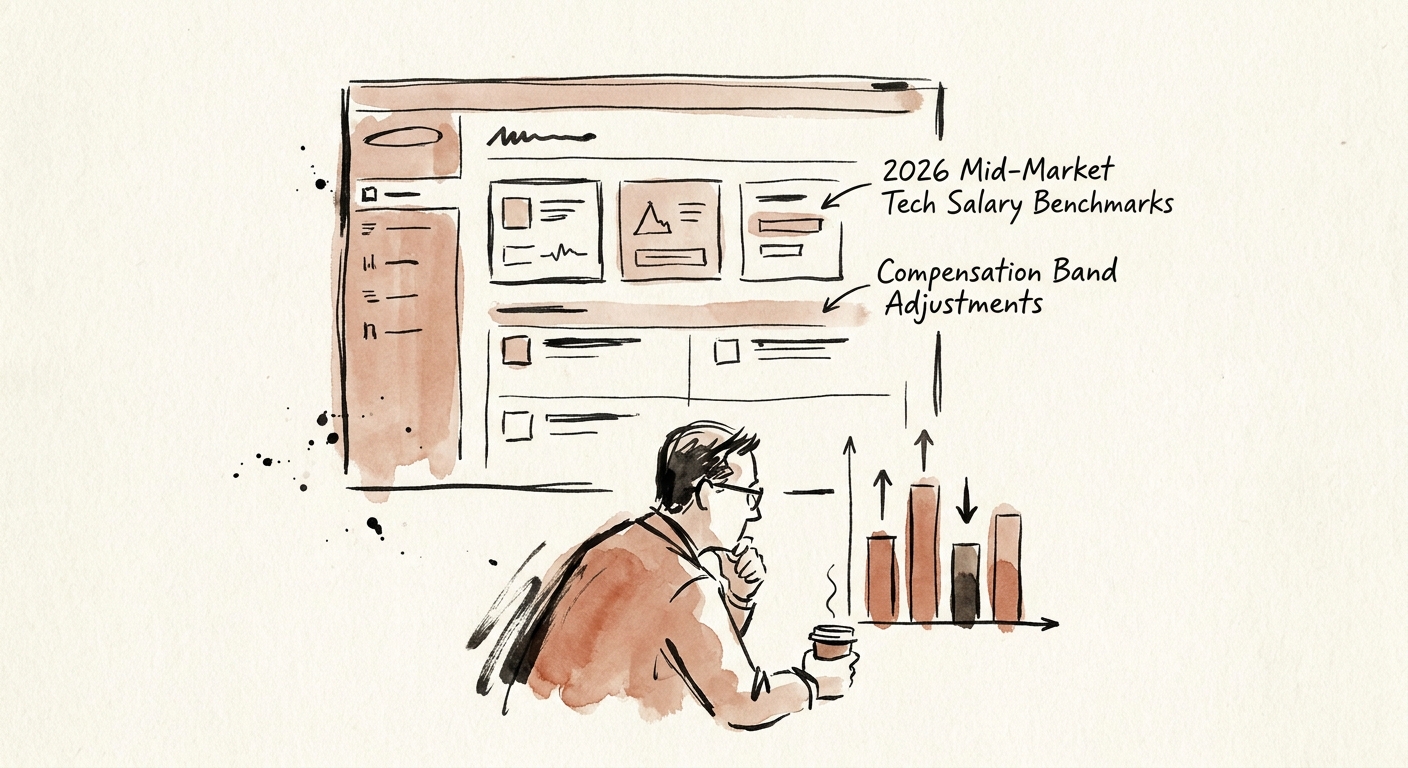 A dashboard displaying 2026 mid-market tech salary benchmarks and compensation band adjustments.