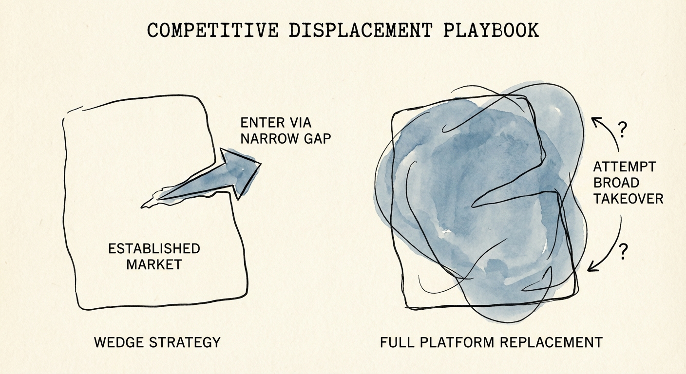 Diagram illustrating the 'Wedge Strategy': entering via a narrow technical gap vs. attempting a full platform replacement