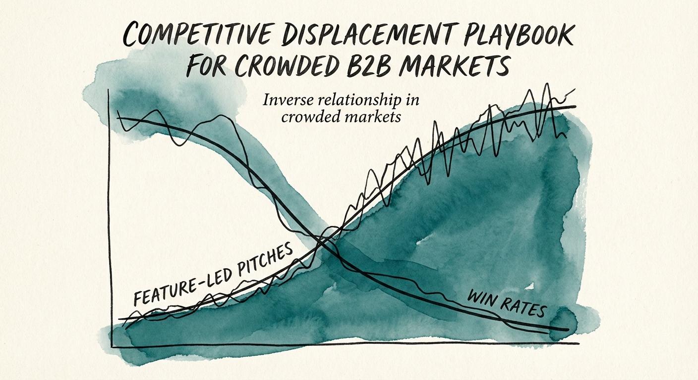 Chart showing the inverse relationship between feature-led sales pitches and win rates in crowded B2B markets