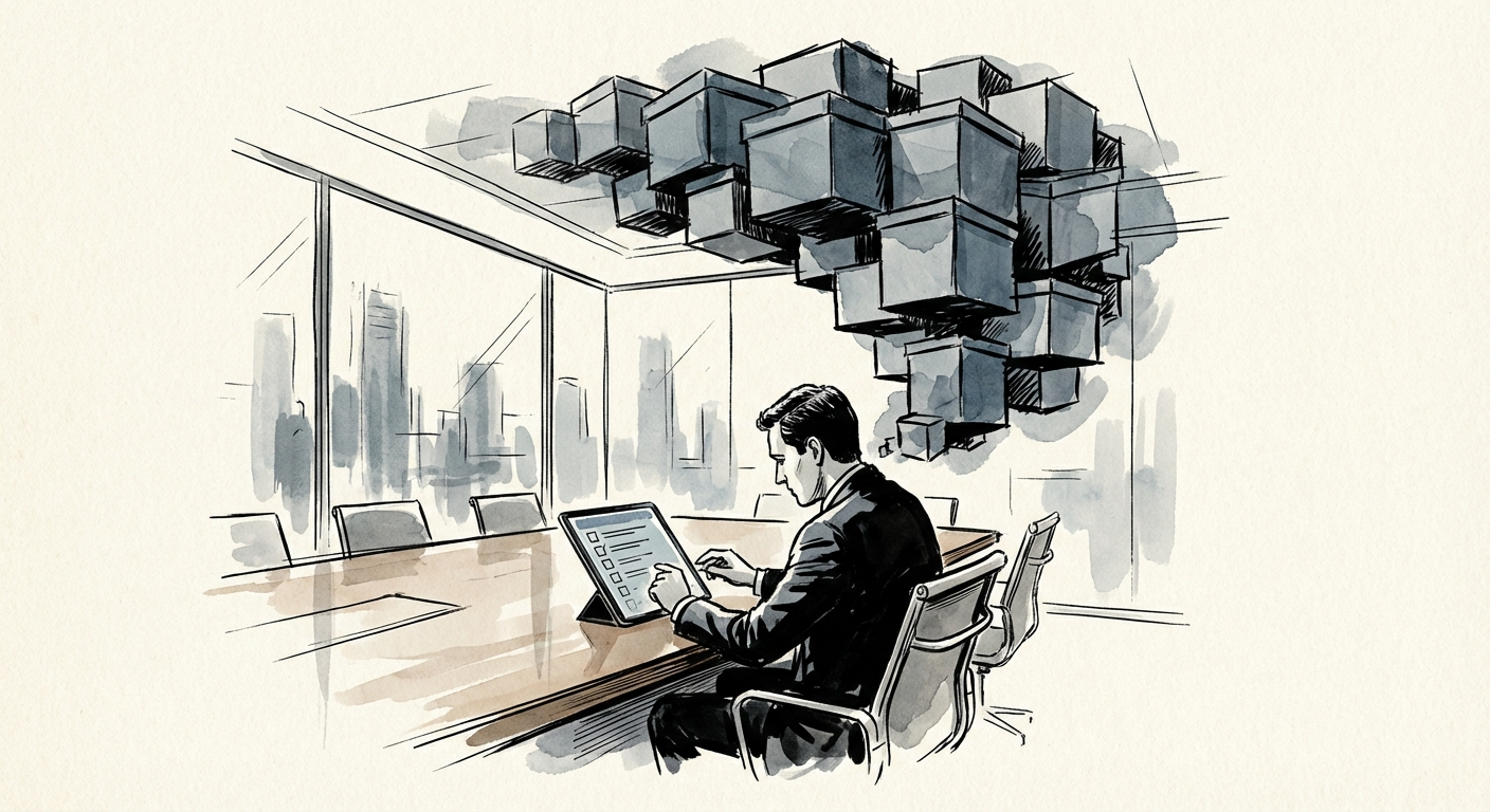 Private Equity Operating Partner reviewing a digital compliance checklist on a tablet in a modern office boardroom.