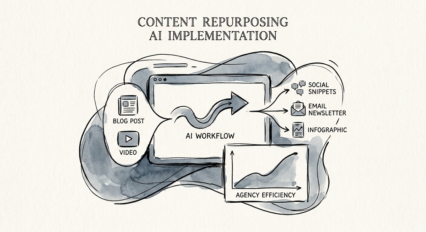 Marketing agency team reviewing an AI content repurposing workflow with brand guidelines, channel variants, and approval status.