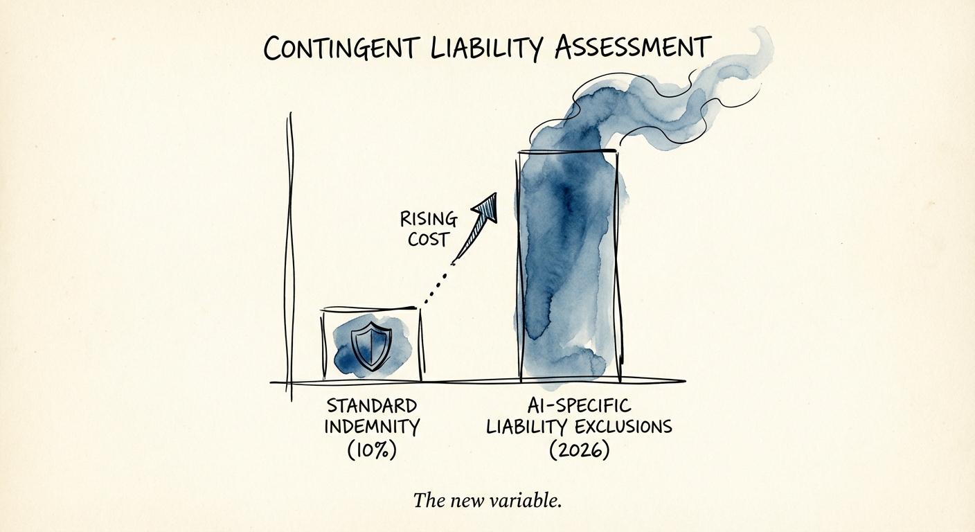 A bar chart comparing standard 10% indemnity caps against the rising costs of AI-specific liability exclusions in 2026.