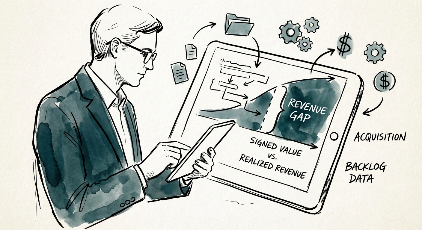 Private equity analyst reviewing IT consulting contract backlog data on a tablet, highlighting the gap between signed value and realized revenue.