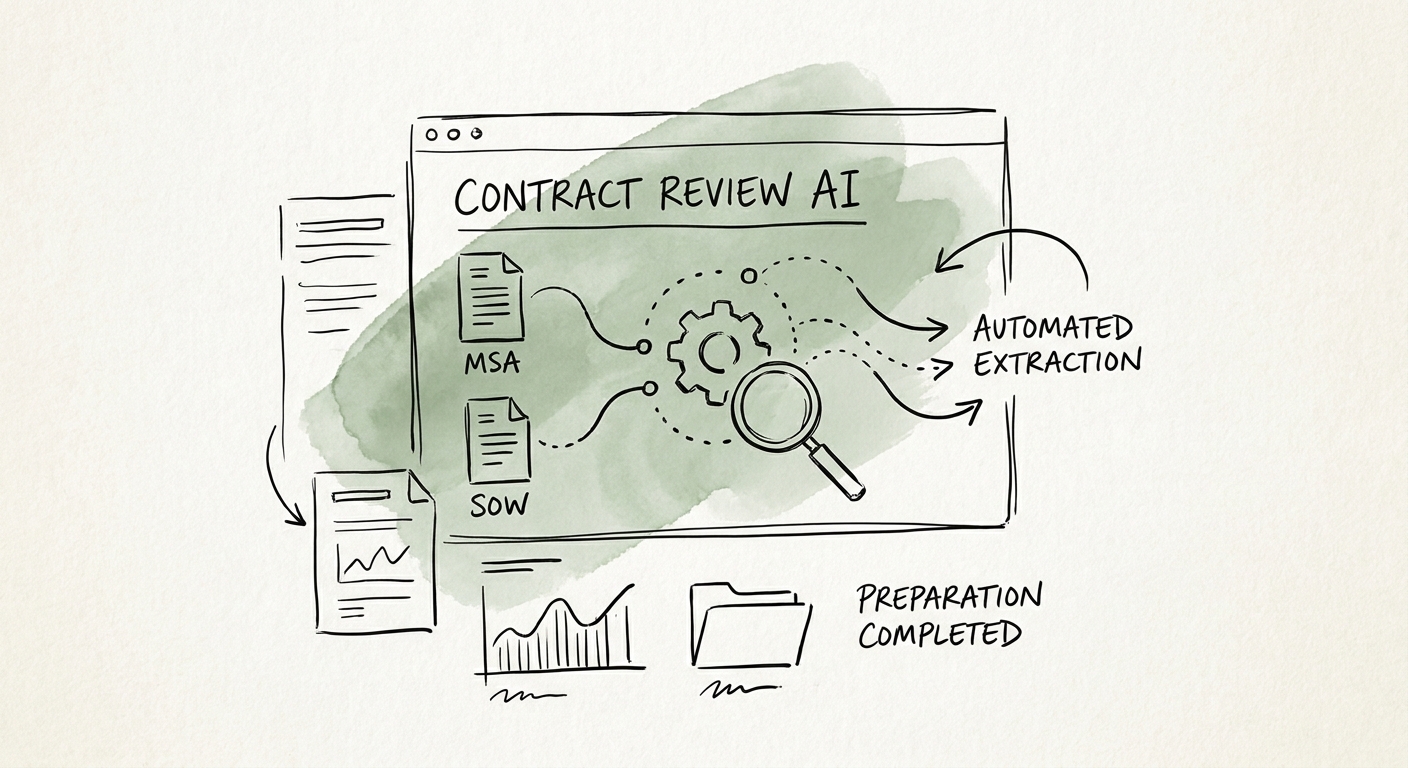 Marketing agency operations lead reviewing MSA terms, SOW scope, usage rights, change-order language, and AI-prepared contract review notes.
