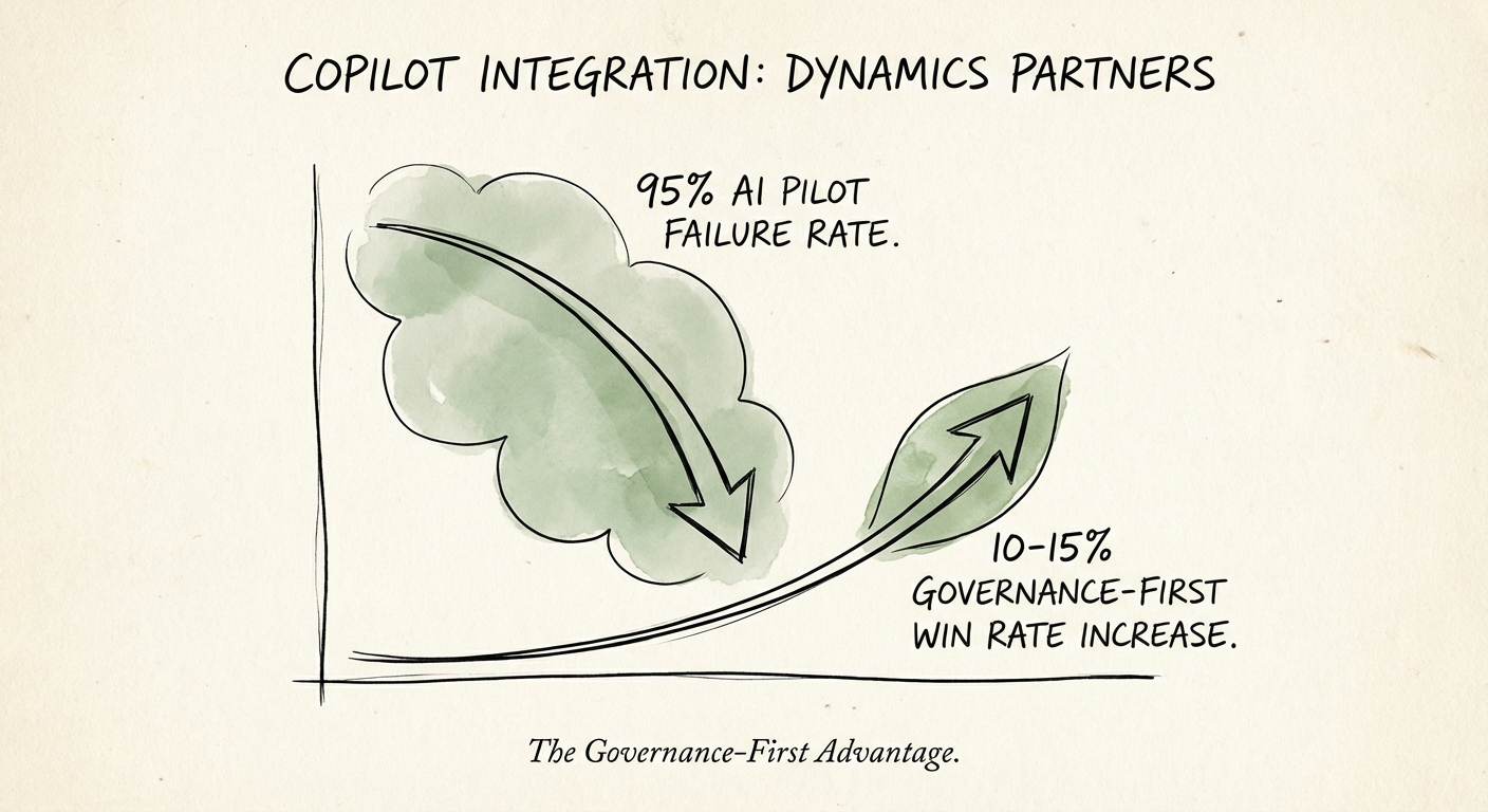 Graph showing the 95% failure rate of AI pilots versus the 10-15% win rate increase for partners selling governance-first AI services.