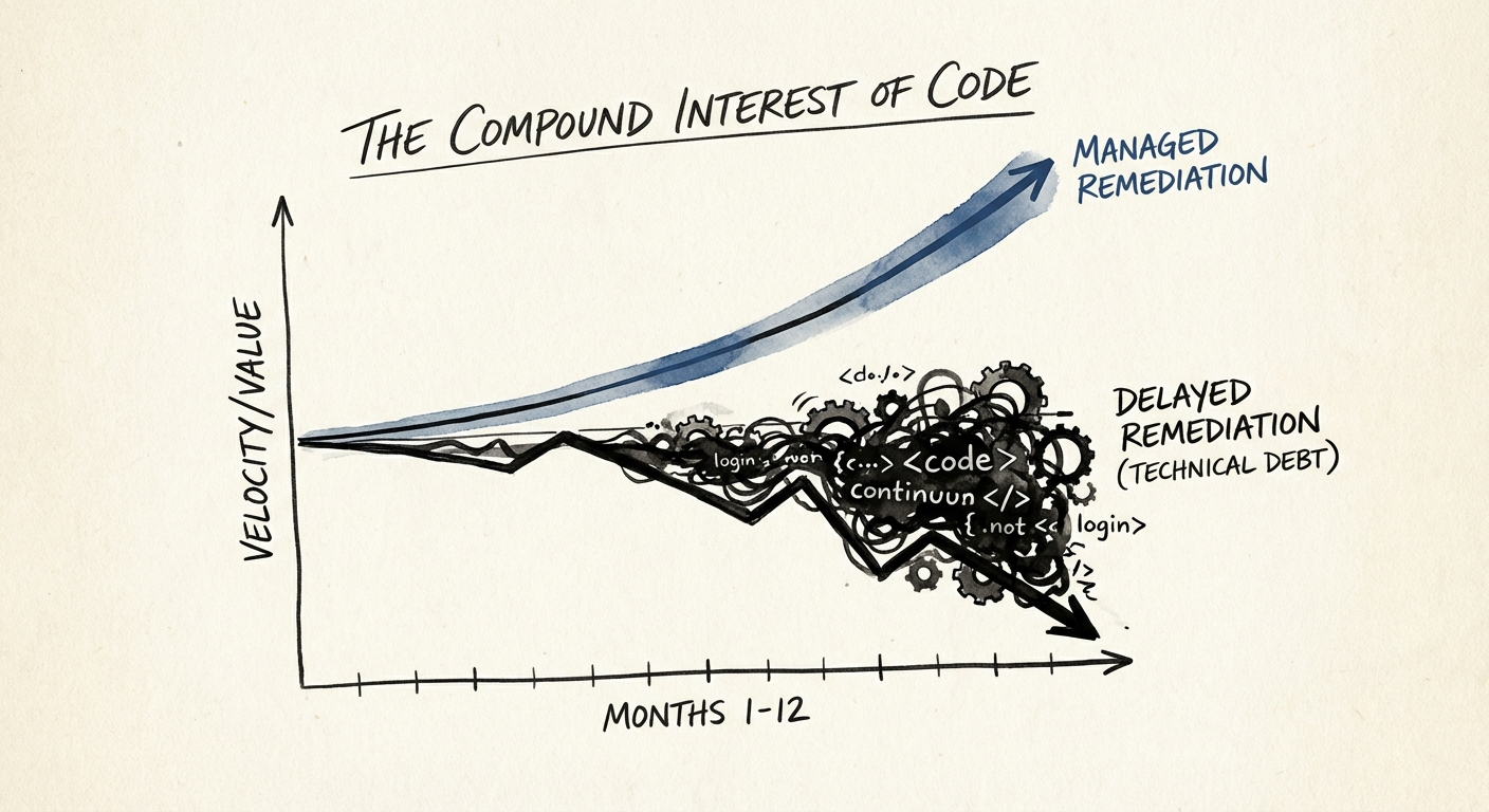 A line graph showing the diverging trajectories of company velocity with and without technical debt management over 12 months.