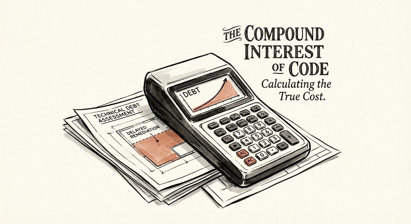 A close-up of a financial calculator sitting on top of architectural blueprints, symbolizing the calculation of technical debt costs.