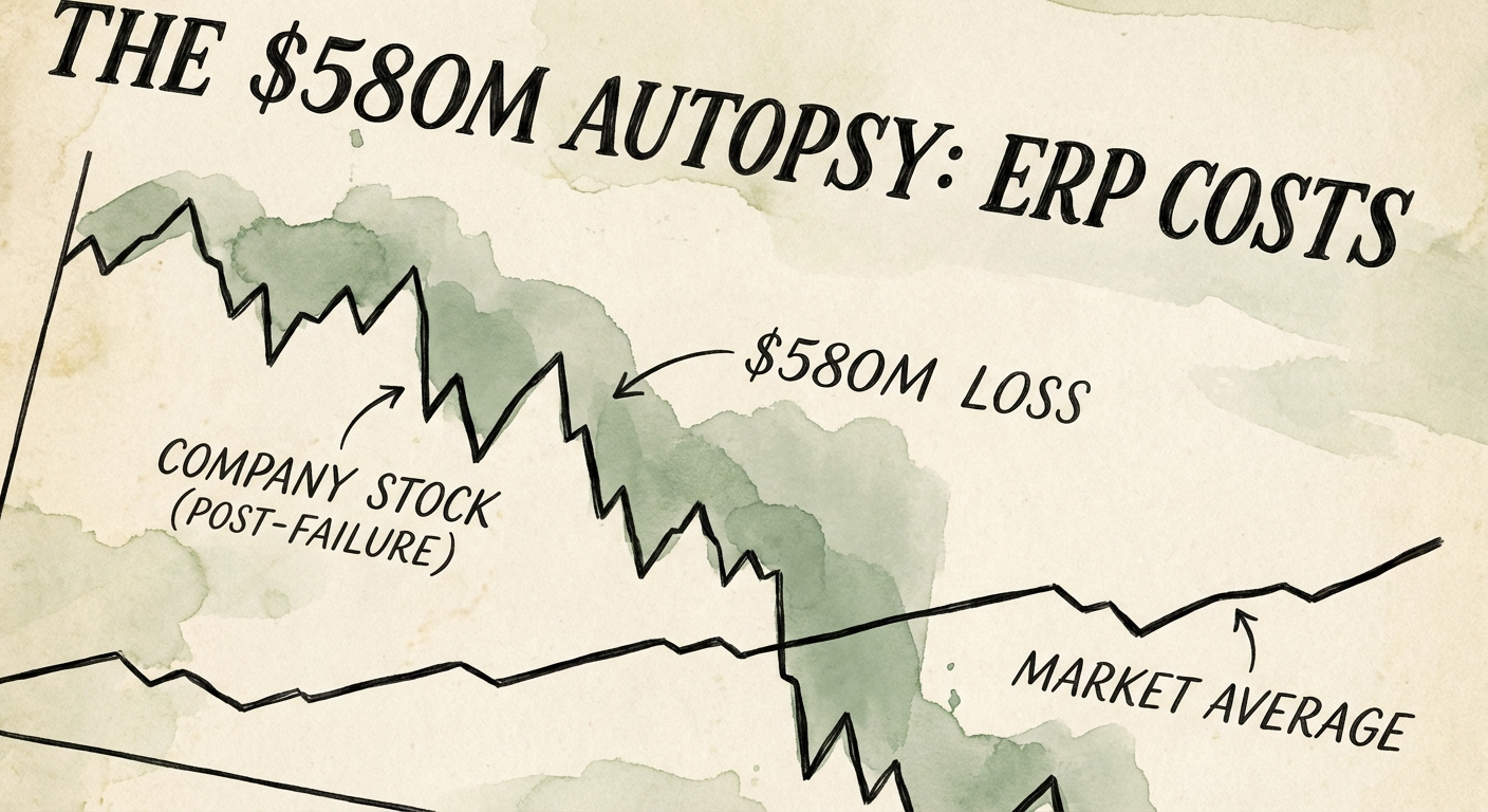 Chart comparing stock price performance of companies post-ERP failure disclosure versus market average.