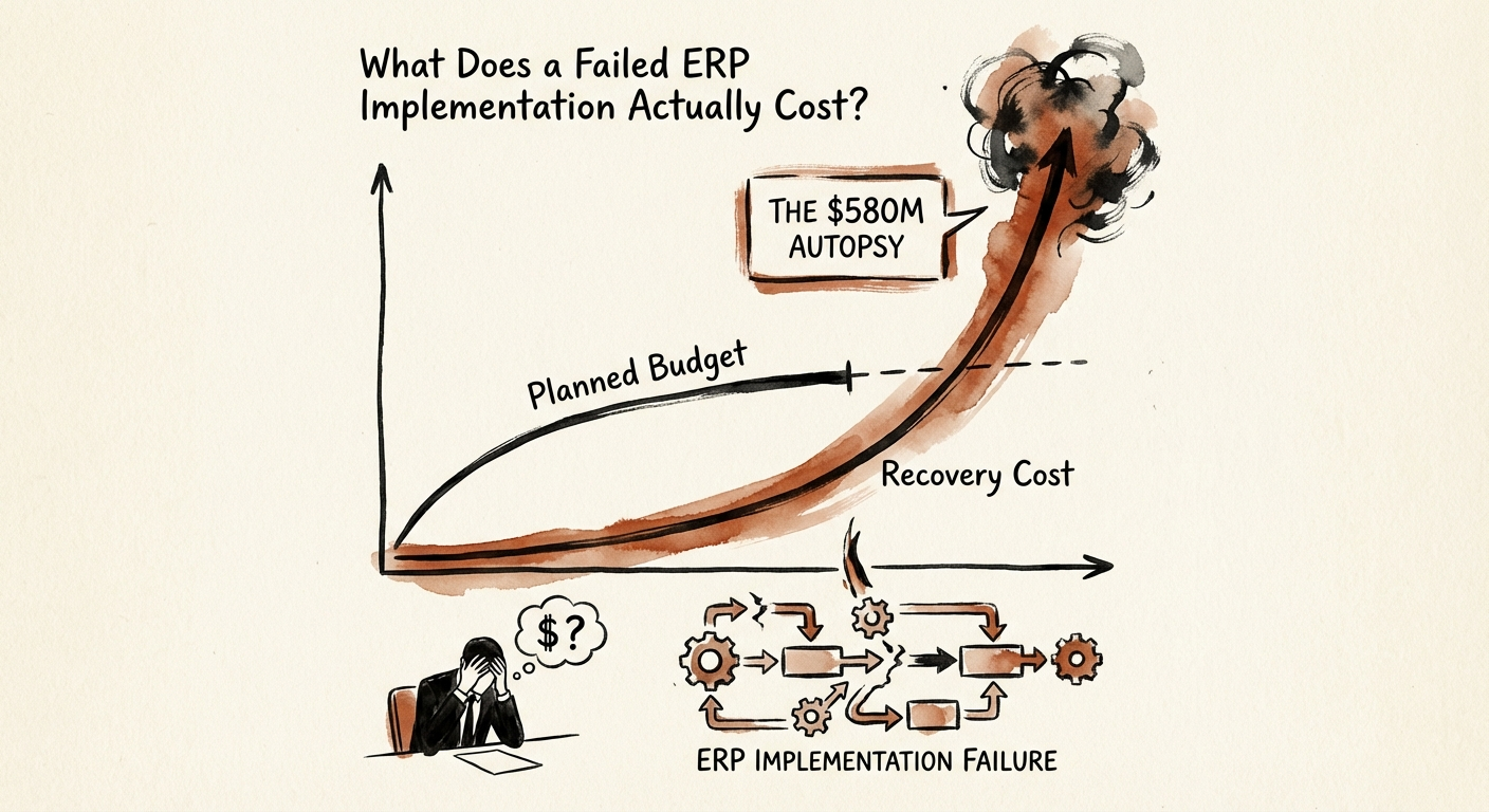 A data visualization showing the exponential cost curve of ERP recovery versus initial implementation budget.