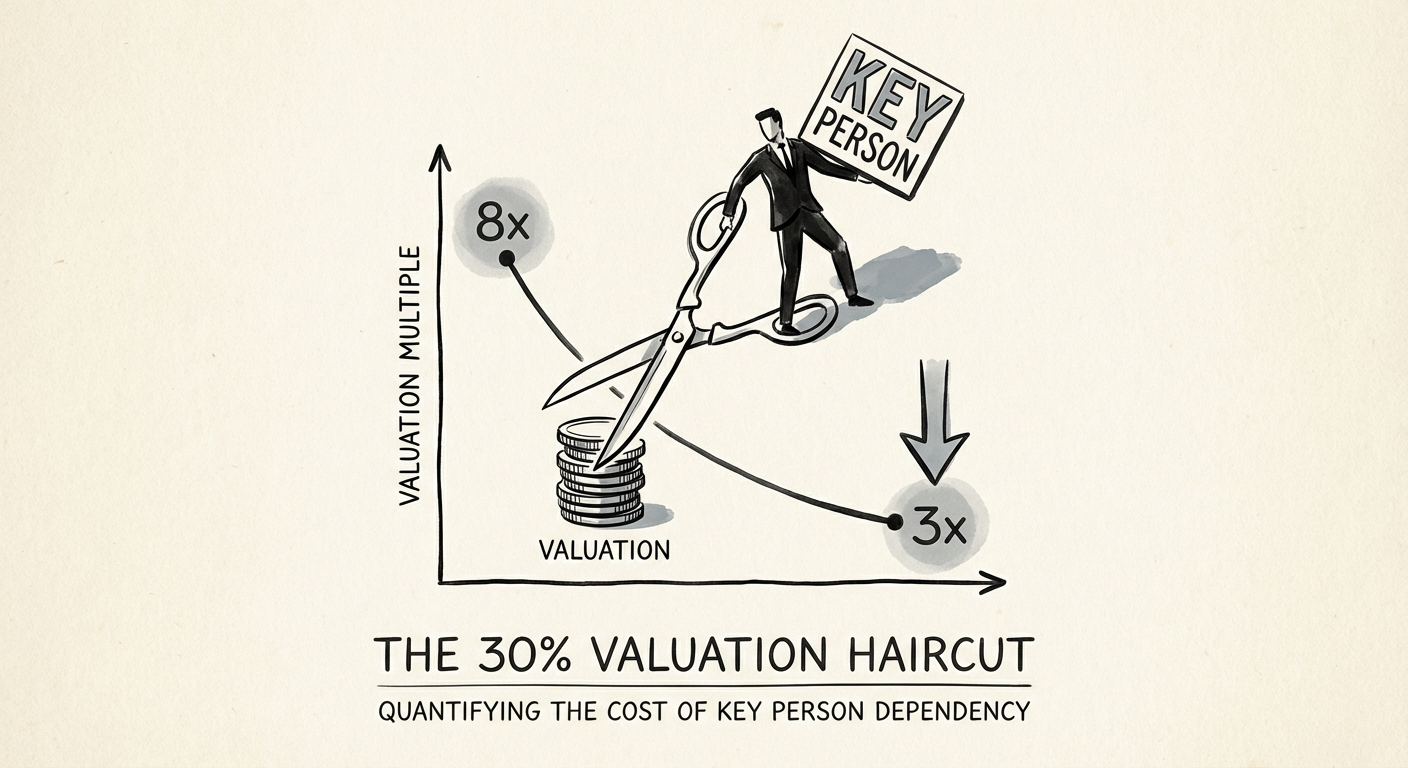 Graph showing valuation multiple compression from 8x to 3x due to key person dependency risks