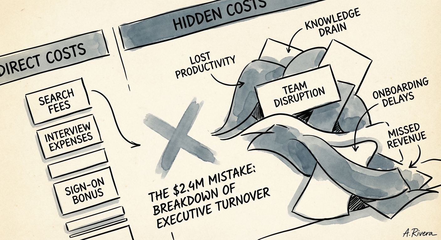 A breakdown chart comparing Direct Costs vs Hidden Costs of executive turnover.