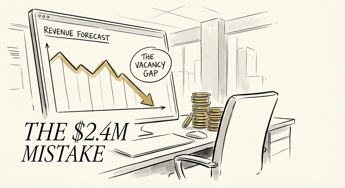 A close-up of a financial dashboard showing a sharp dip in revenue forecast labeled 'The Vacancy Gap'.