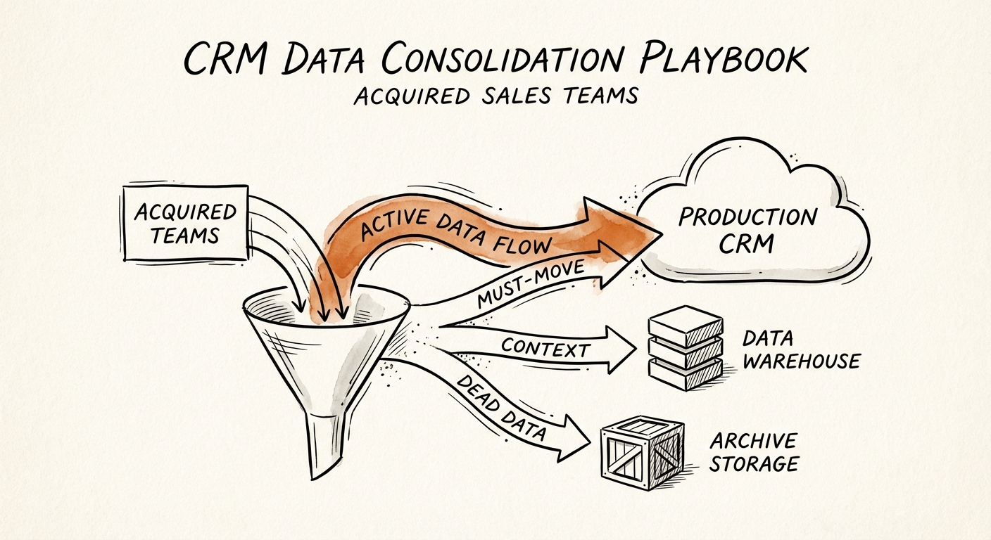 Diagram illustrating the 'Active vs. Archive' triage framework: Must-Move data flowing to Production CRM, Context data to Data Warehouse, and Dead data to Archive Storage.