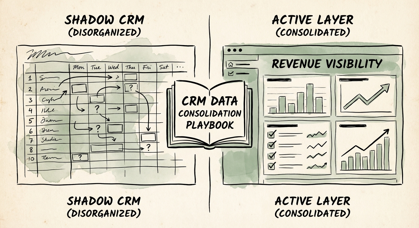A split-screen visualization showing a disorganized 'Shadow CRM' spreadsheet on the left versus a clean, consolidated 'Active Layer' CRM dashboard on the right, highlighting revenue visibility.