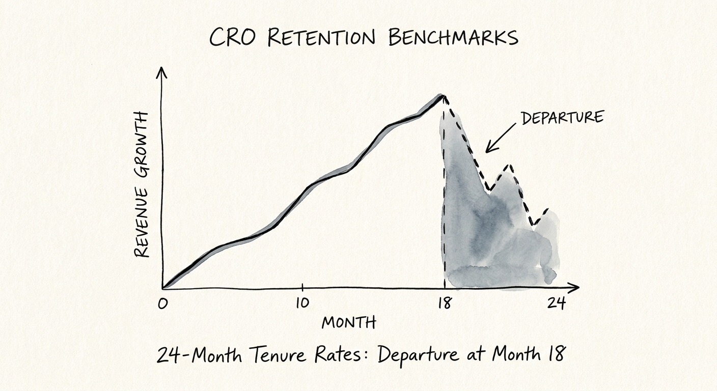 A line chart showing a sharp drop in company revenue growth following a CRO departure at month 18.