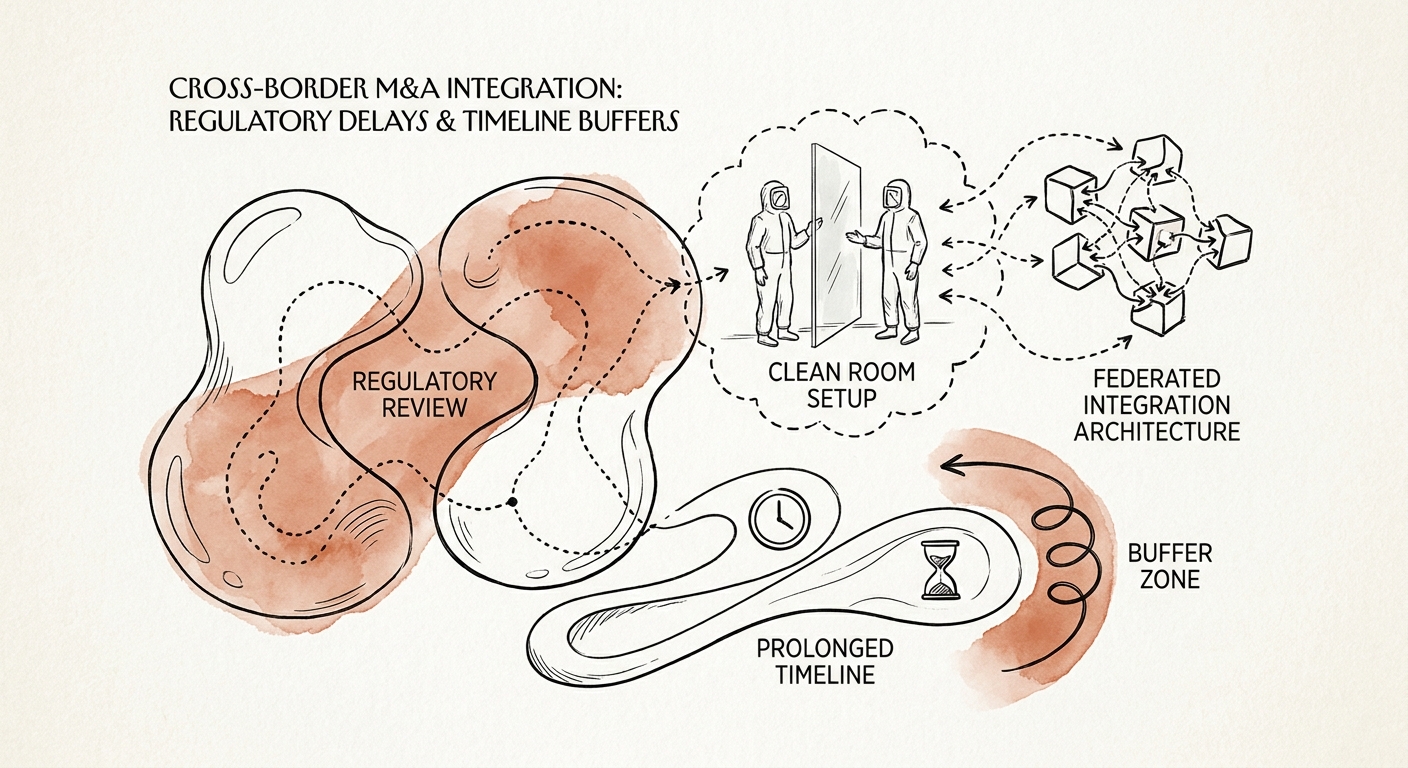 Diagram showing a clean room setup and federated integration architecture during prolonged M&A regulatory review.
