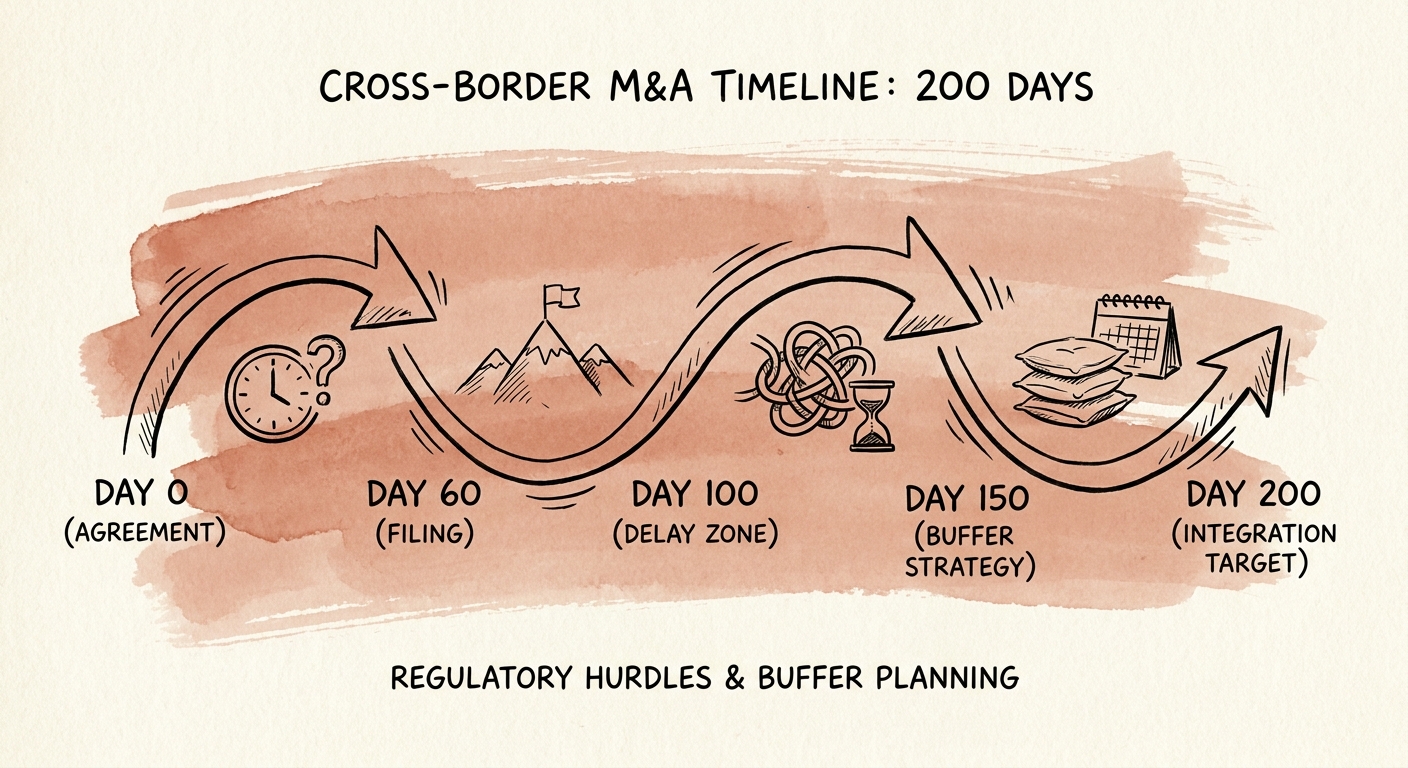A timeline graphic depicting cross-border M&A regulatory delays and integration buffer strategies over 200 days.