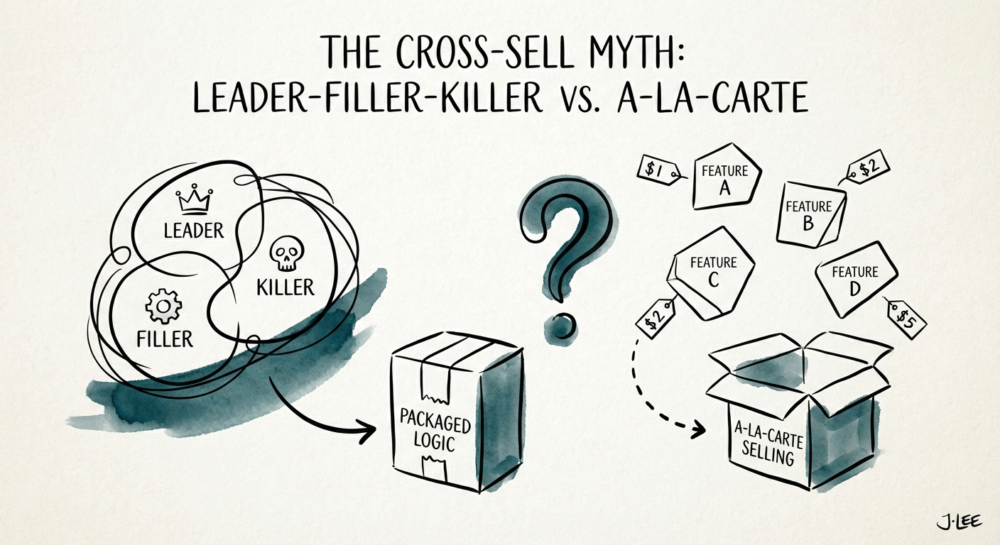 Diagram comparing 'Leader-Filler-Killer' packaging logic against
traditional a-la-carte feature selling.
