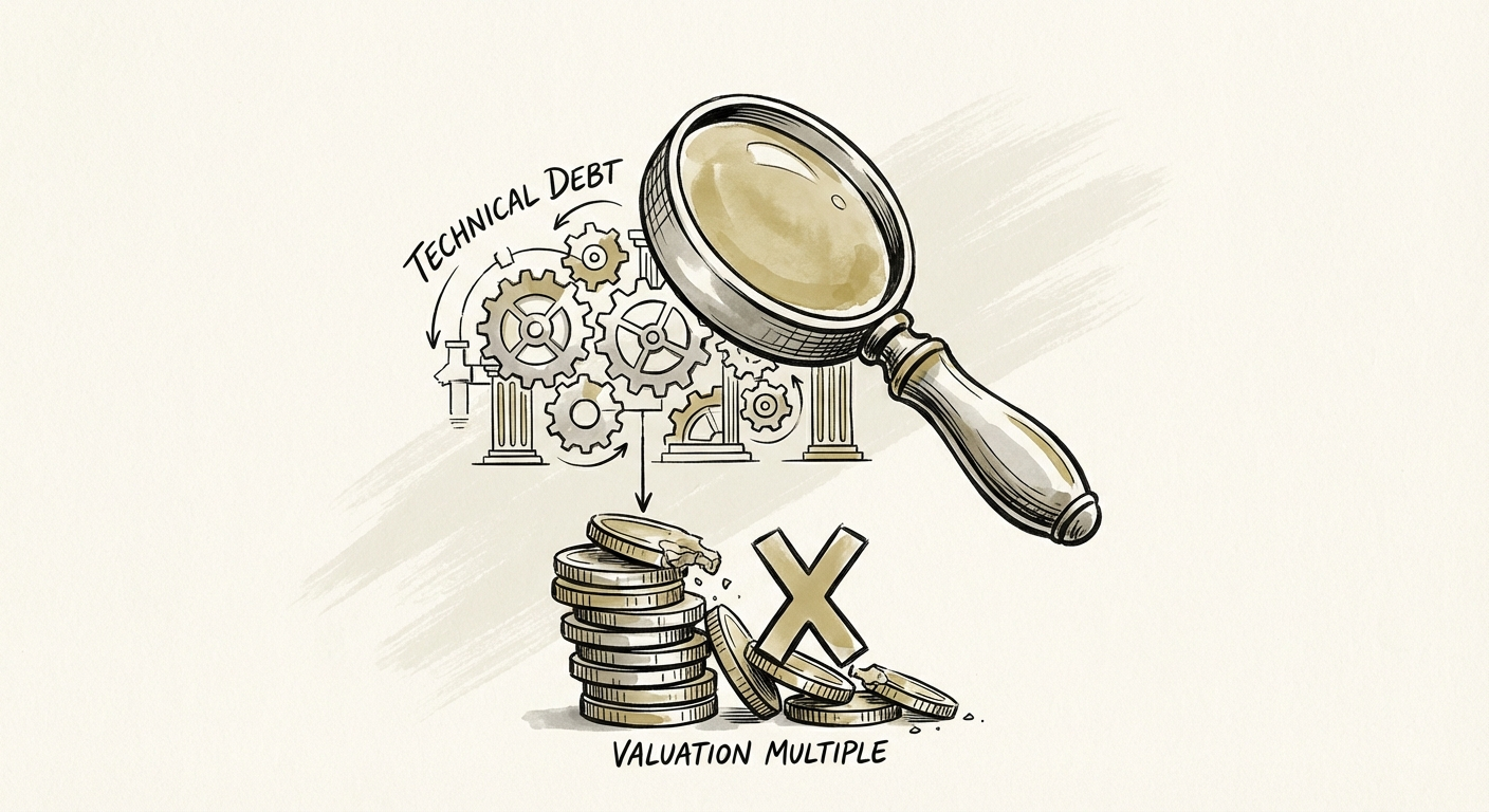 Diagram showing the impact of technical debt on company valuation multiples.