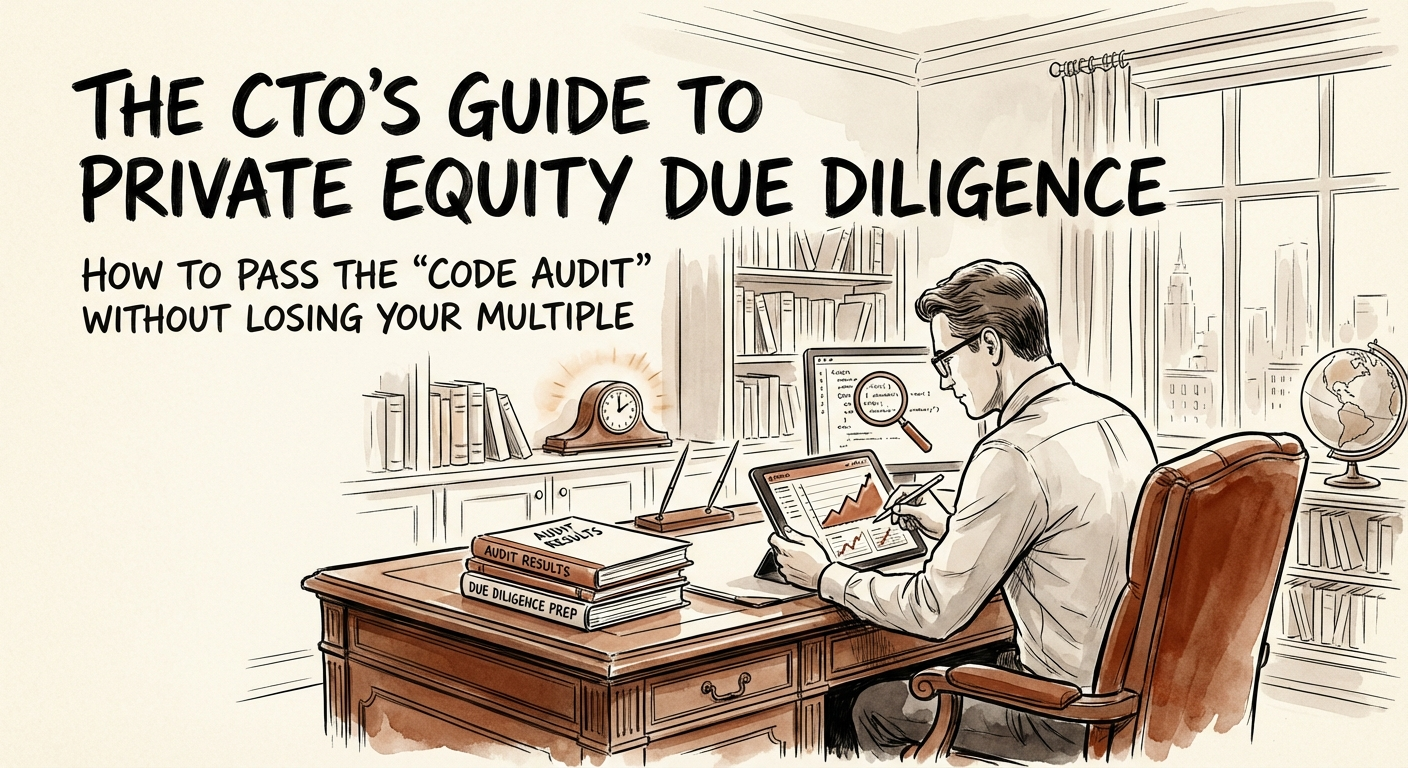 CTO reviewing code audit results on a dashboard during private equity due diligence preparation.