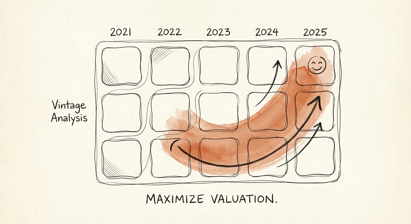 A heatmap visualization of B2B SaaS customer cohort retention showing vintage analysis from 2021 to 2025, highlighting the 'smile' curve of negative churn.