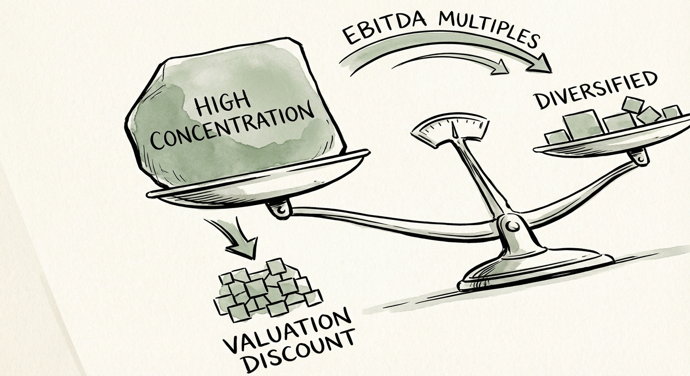 Diagram showing the valuation discount impact of high customer concentration on EBITDA multiples