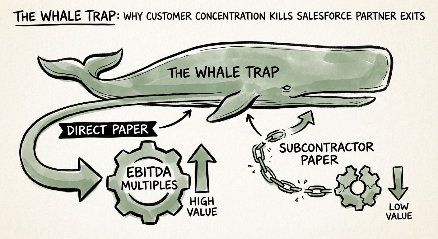 Visual diagram comparing 'Direct Paper' vs 'Subcontractor Paper' revenue quality and its impact on EBITDA multiples in Salesforce partner acquisitions.