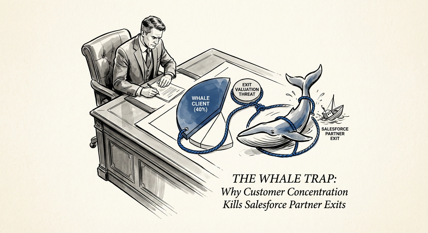 Private Equity Operating Partner analyzing a customer concentration chart showing one client at 40% revenue share, indicating a high risk to exit valuation.