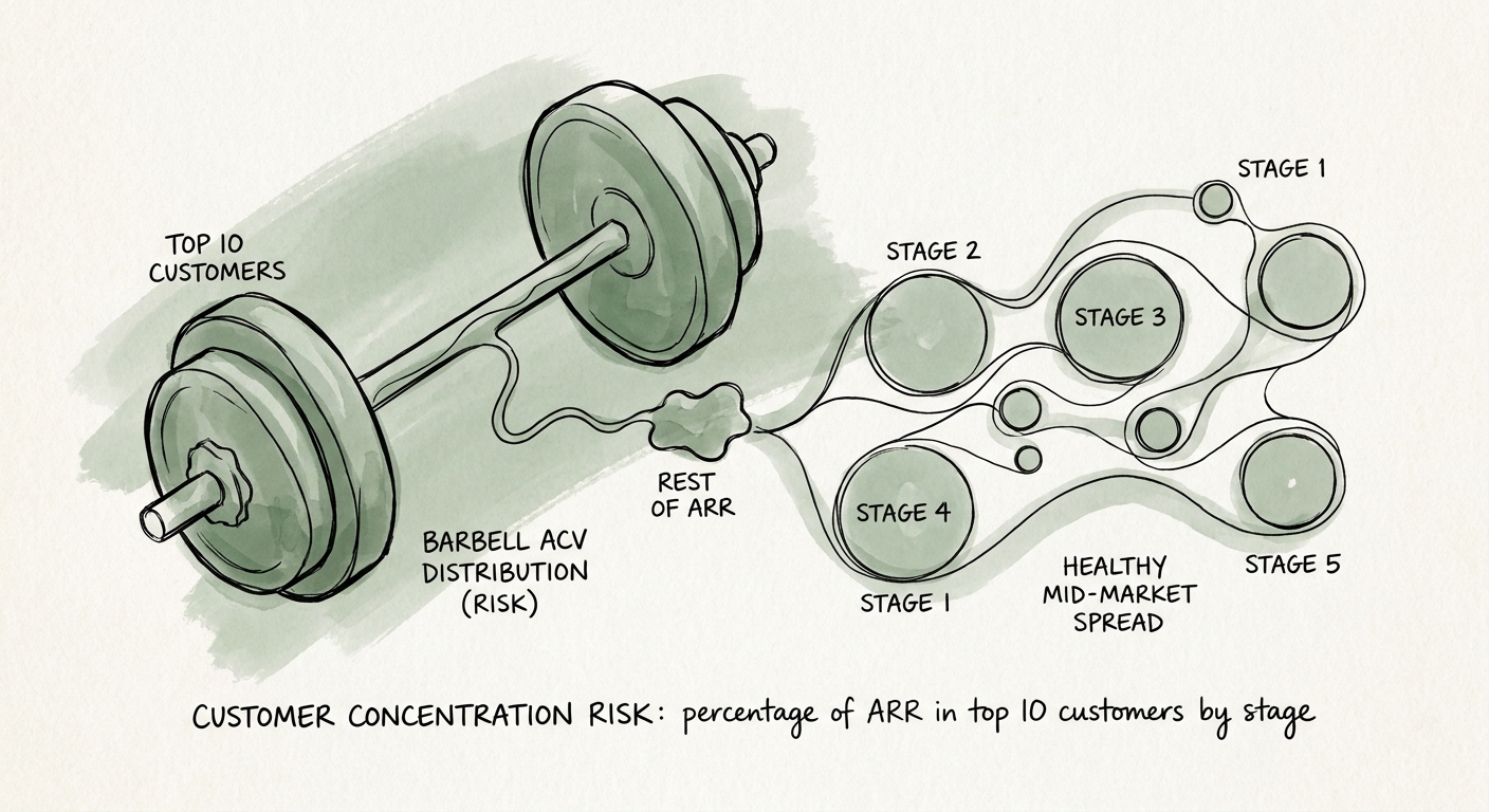 Data visualization of a barbell ACV distribution compared to a healthy mid-market revenue spread.