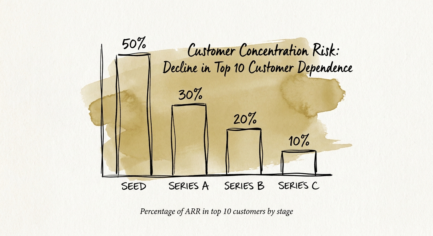 Bar chart showing declining acceptable customer concentration percentages as SaaS companies scale from Seed to Series C.