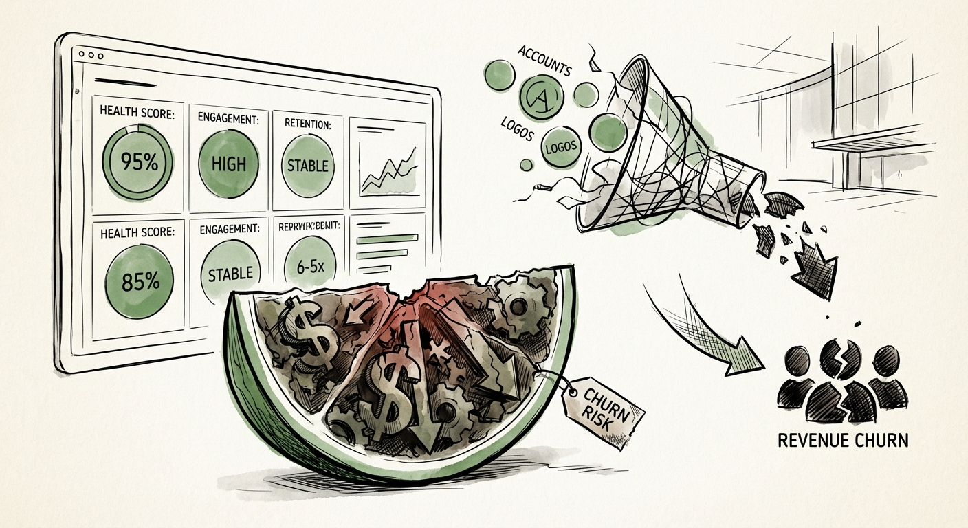 Dashboard showing customer health scores correlated with revenue churn risk