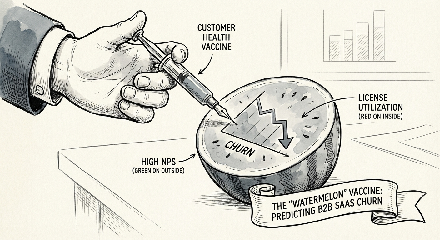 Chart showing the 'Watermelon Effect' gap between high NPS scores and low license utilization leading to churn.