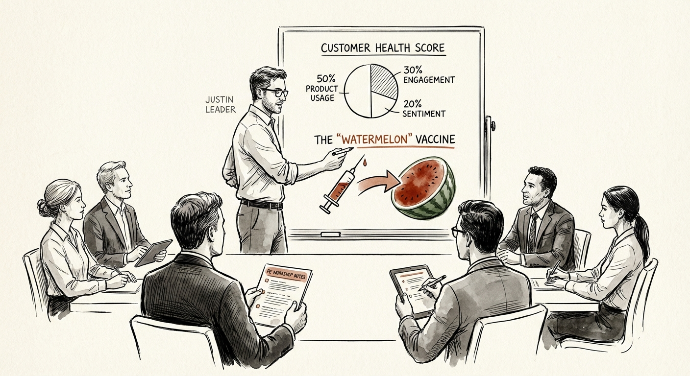 Justin Leader explaining the 50/30/20 customer health score weighting model on a whiteboard during a PE workshop.