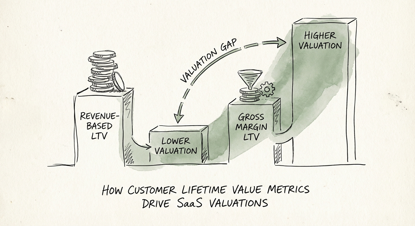 Comparison chart of Revenue-based LTV vs Gross Margin LTV demonstrating the valuation gap.