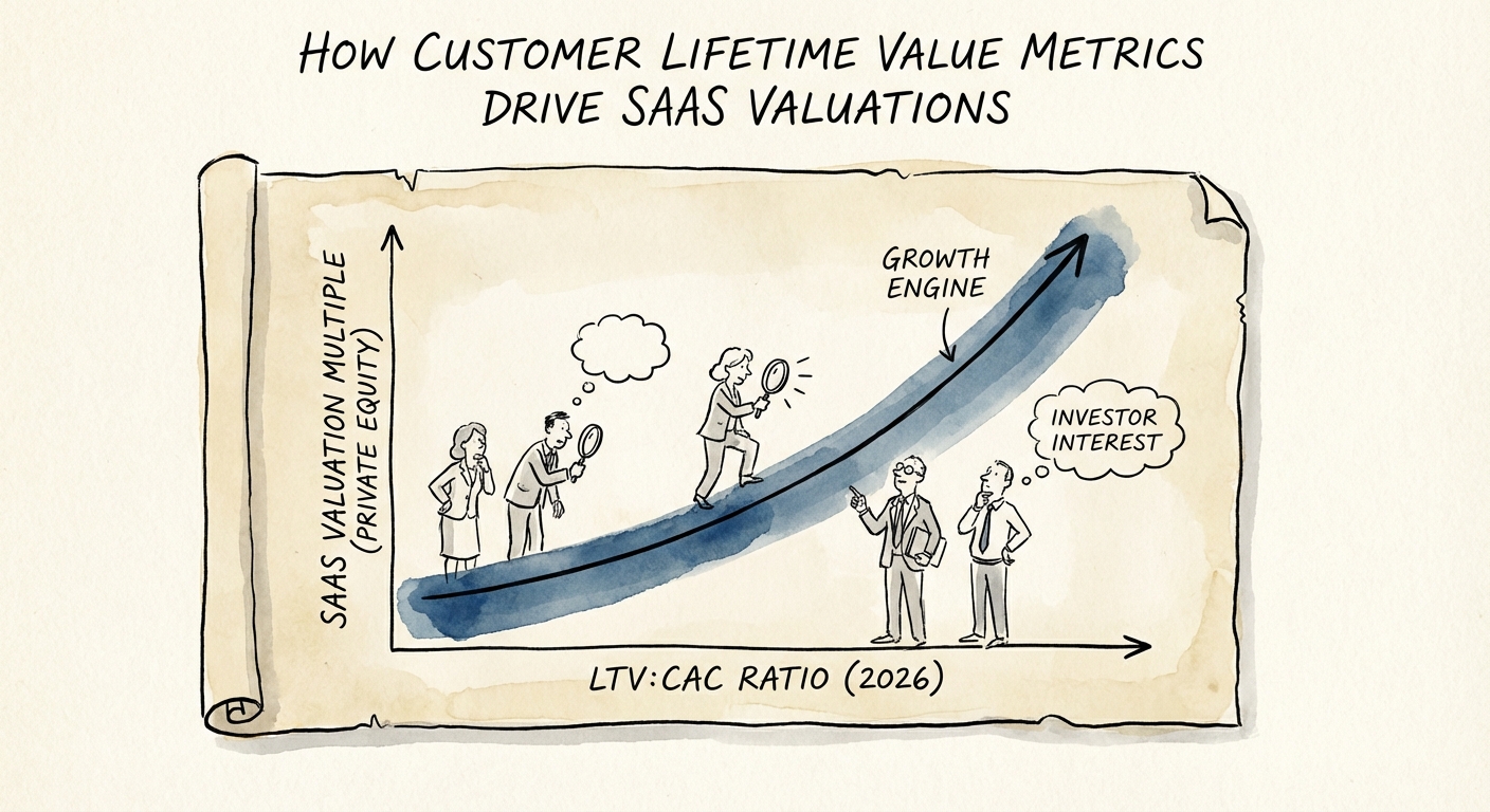Graph showing the correlation between LTV:CAC ratios and SaaS valuation multiples in 2026 private equity deals.