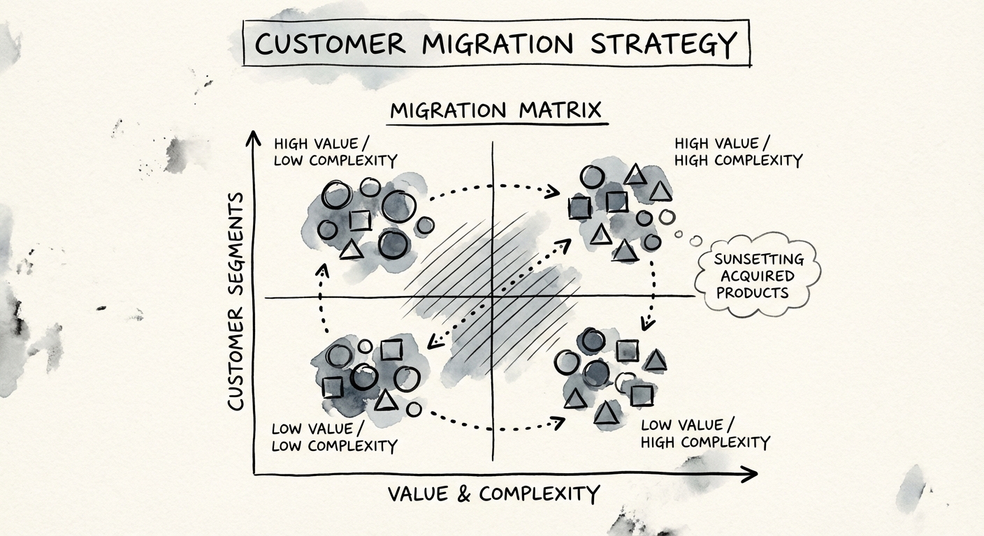 Strategic diagram showing the 'Migration Matrix' with customer segments plotted against value and complexity.