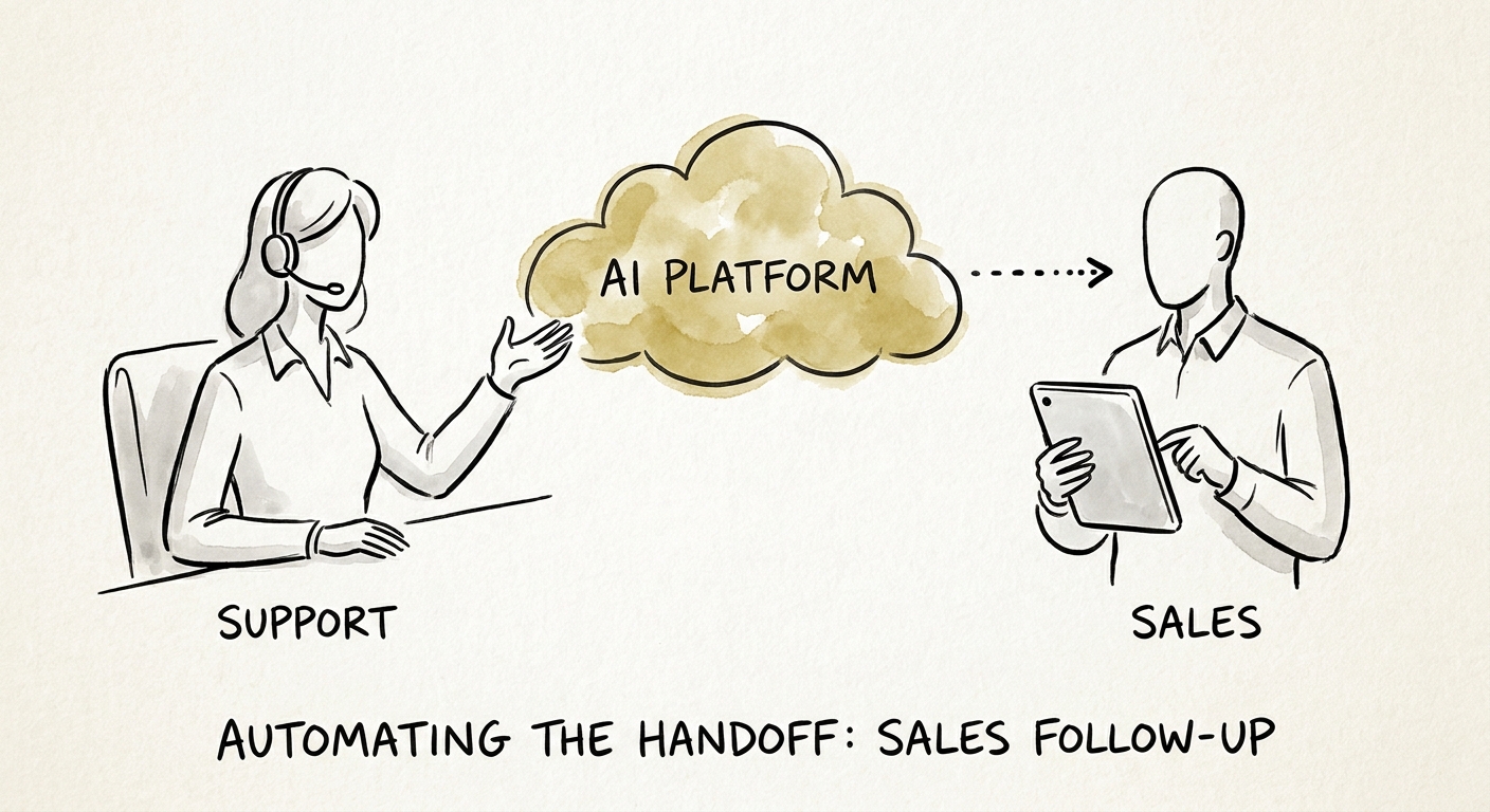 Service-to-sales workflow showing issue resolution, signal detection, account context, handoff owner, and human review before outreach.