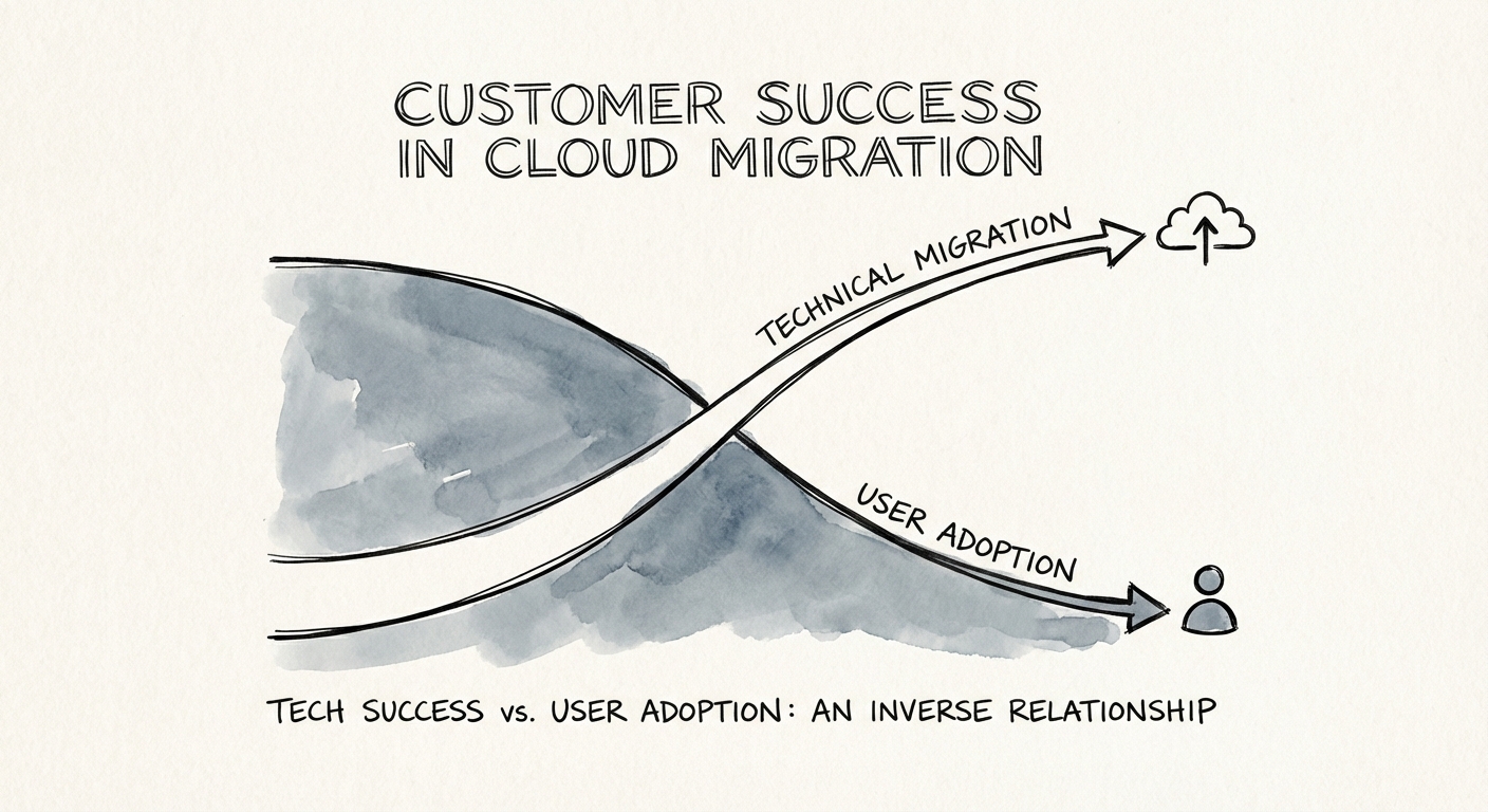 Diagnostic chart showing the inverse relationship between technical migration success and user adoption rates in Atlassian Cloud projects