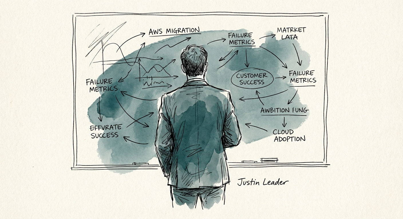 Justin Leader analyzing AWS migration failure metrics on a whiteboard