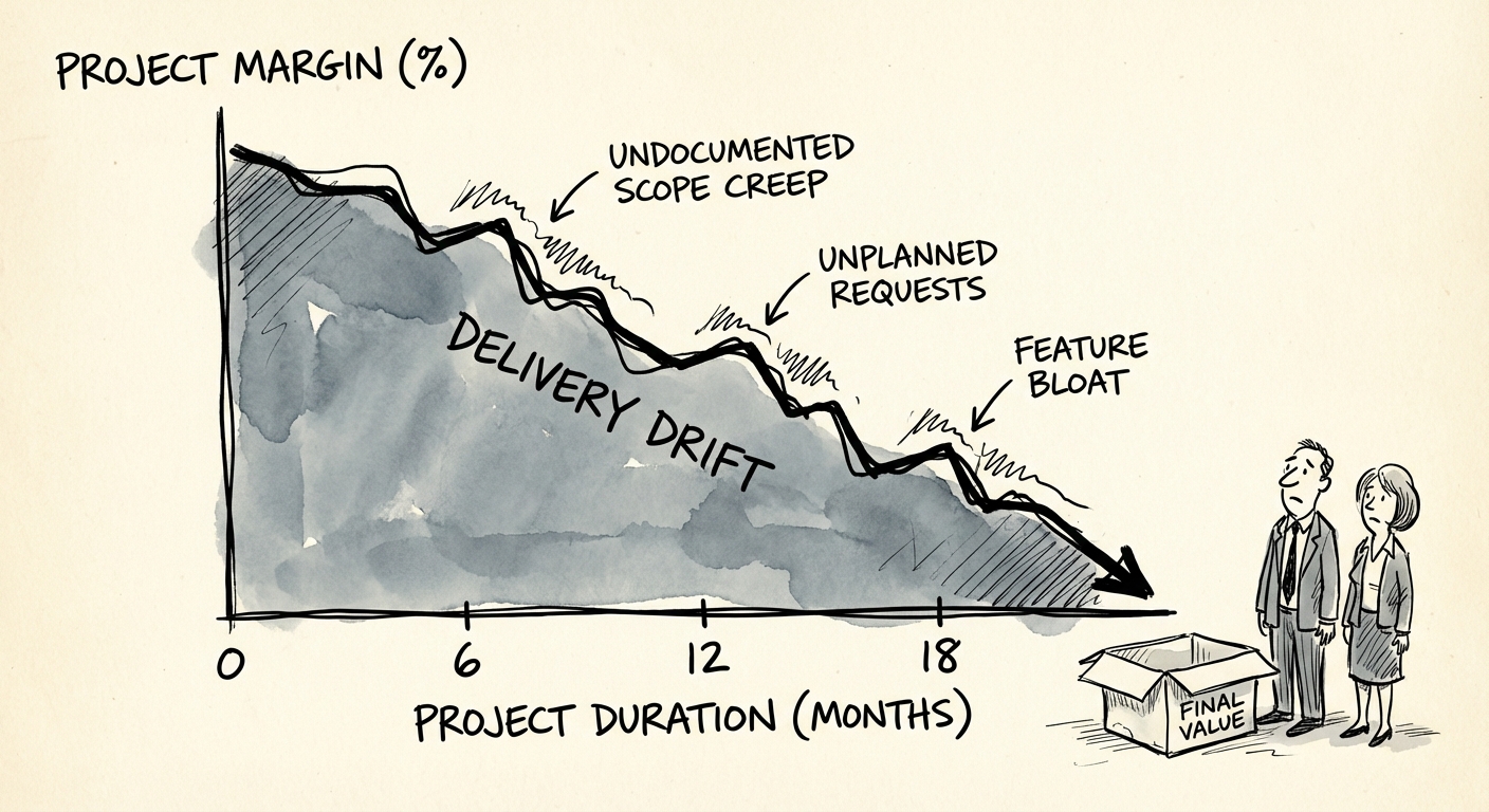 Graph showing the 'Delivery Drift' effect: Project margin eroding over 18 months due to undocumented scope creep.