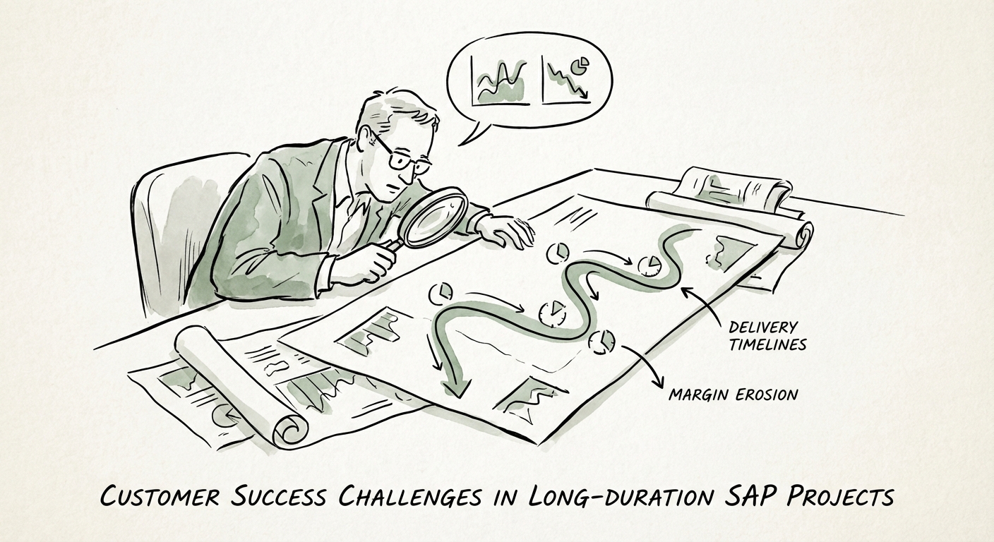 Justin Leader analyzing SAP project delivery timelines and margin erosion charts.